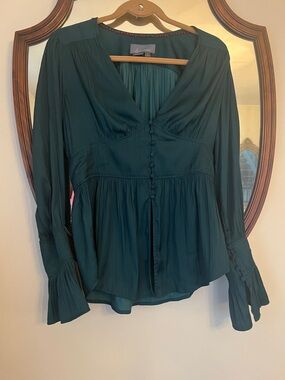 Anthropologie Deep Teal Button-Front Peasant Blouse Tunic Medium in EUC!
